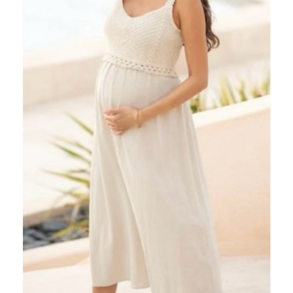 Midi-Length Strap Maternity-To-Nursing Dress With Crochet-Look Top